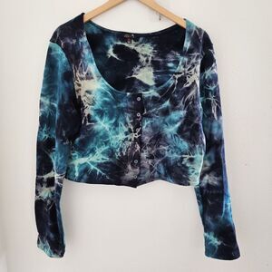 Delia's by Dolls Kill Tie-Dye Crop Top sz 1X Boho Blue Button-Up Shirt 90s Y2K